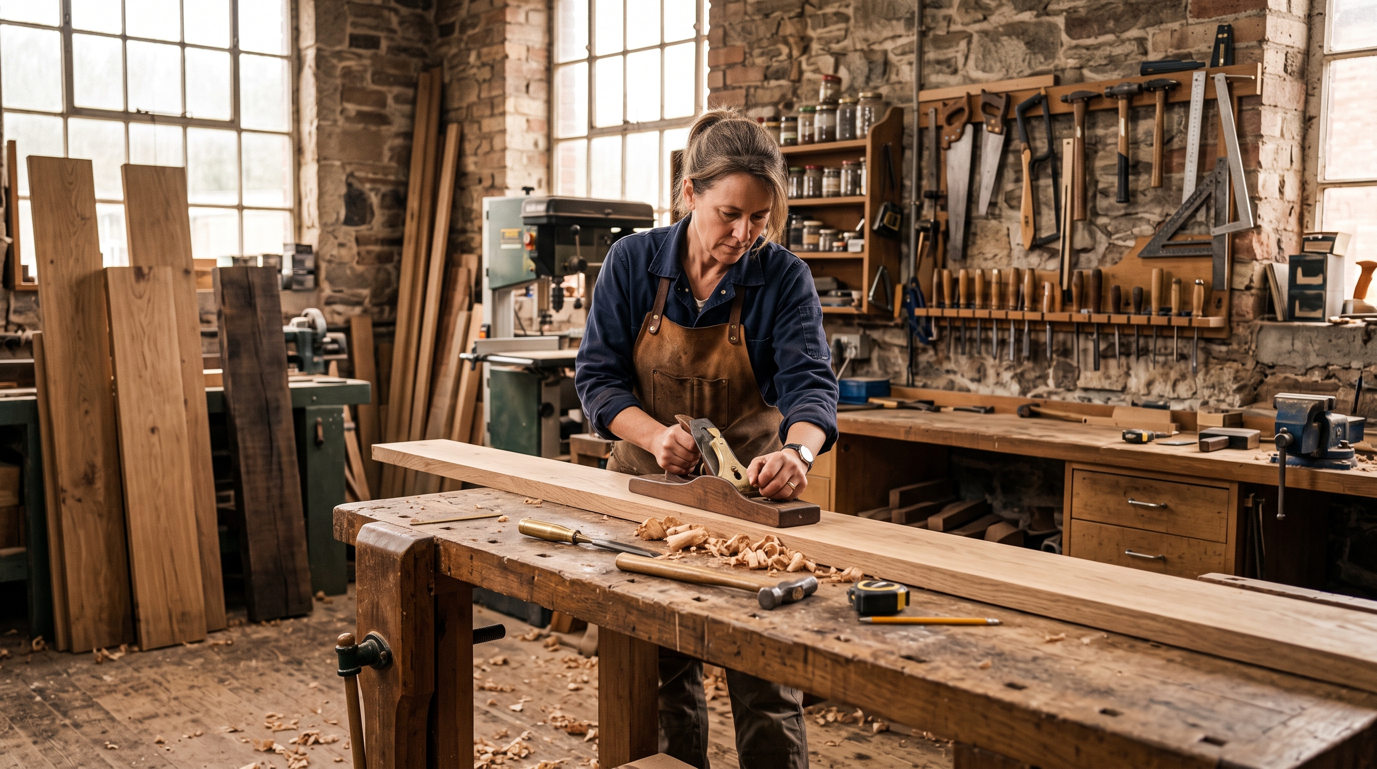 Craftsperson planing an oak board