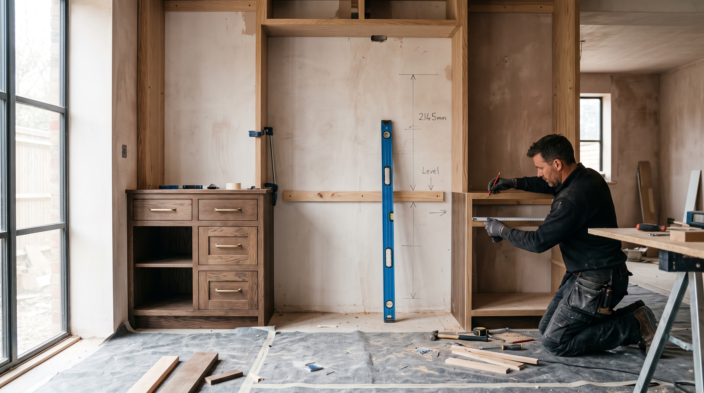 Builder installing oak cabinetry on site